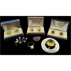 Gold single stone pearl ring, stamped K14 and a collection of silver jewellery including Scottish citrine brooch by Robert Allison, Glasgow 1948, amethyst stud earrings, stone set brooches and earrings