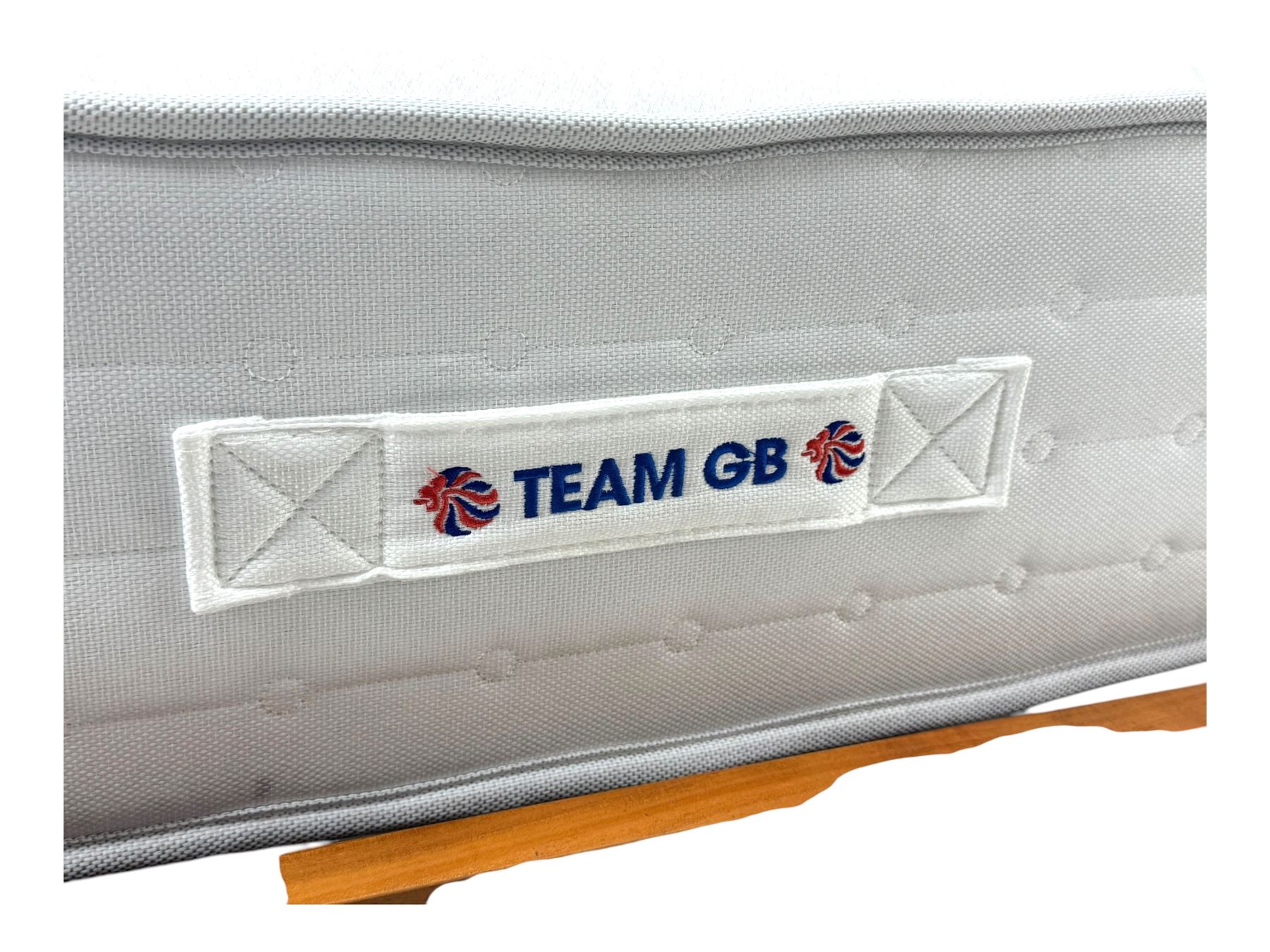 Barker & Stonehouse - contemporary chestnut king size bed frame, with geometric inlaid headboard and brass detailing, slatted base and tapered brass effect legs, together with Dreams ‘Reynolds 1000’ pocket sprung mattress