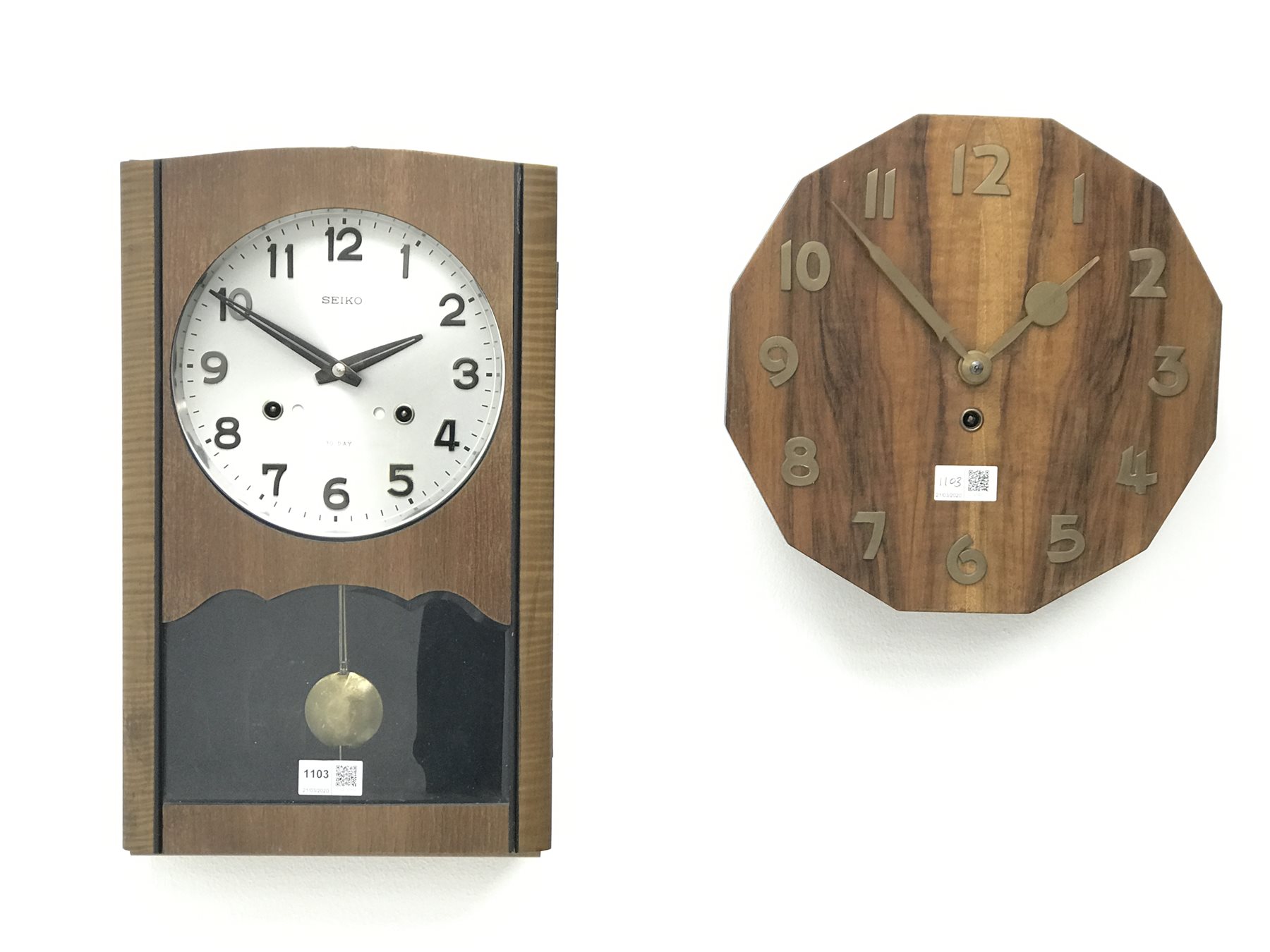 Art Deco wall timepiece, twelve sided walnut dial with brass Arabic  numerals, H30cm, and a vintage Seiko wall clock, 30 day movement quarter  striking on rods, H44cm (2) - The Furnishings Sale -