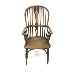 Victorian ash and elm high back Windsor armchair, turned supports joined by crinoline stretcher (W54cm) and a low wheel back ash and elm Windsor armchair, turned supports (W55cm) (2)