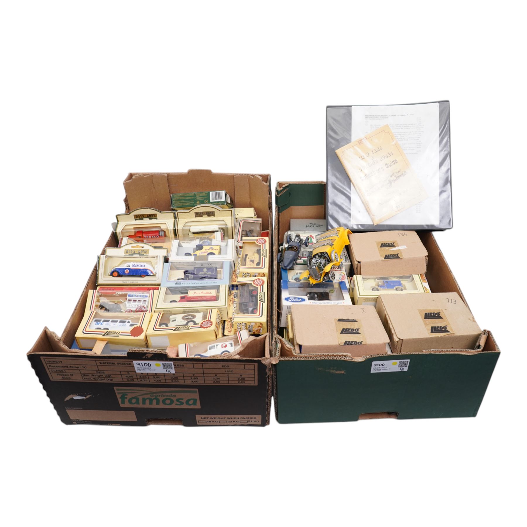 Approximately 80+ boxed die cast vehicles by Lledo, including Days Gone models, and a folder of collectors catalogues from 1989 onwards, contents in two boxes