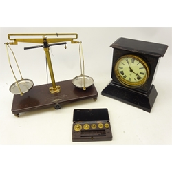  Set of Griffin & George ltd bakelite scales with weights and an 19th century black lacquer cast iron mantle clock (2)   