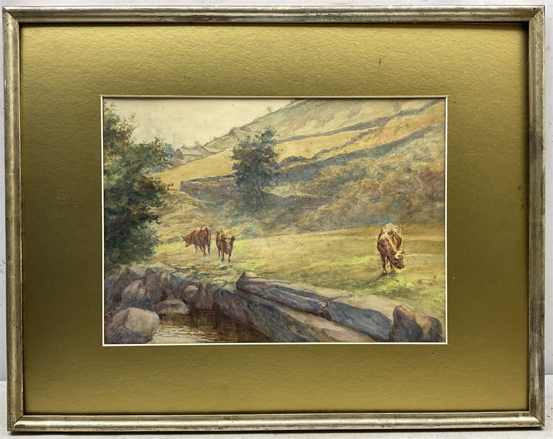Attrib. Alfred Walter Bayes (British 1832-1909): Cattle by the Riversde, watercolour unsigned, inscribed in a later hand verso 27cm x 37cm