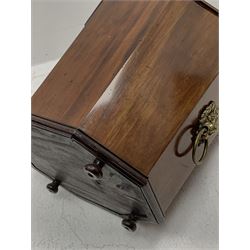 Georgian mahogany cellarette, tapering octagonal form, domed faceted cover with moulded edge and brass handle, lion mask and loop drop handles either side, lower edge moulding, small turned bun feet, W43cm, H49cm, D37cm