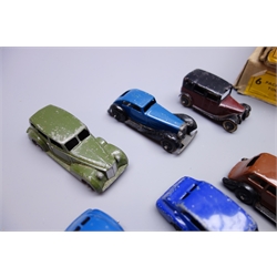  Dinky - seven unboxed and playworn early die-cast models including Oldsmobile, Chrysler, Packard, Riley, taxi with driver etc and two empty six-model boxes for No.39A Packard 'Super 8' Touring Sedans and No.25E Tipping Wagons (9)  