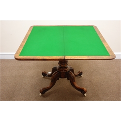  Victorian burr walnut fold over games table, inset green baise, guadrafoil base, W92cm, H74cm, D90cm  