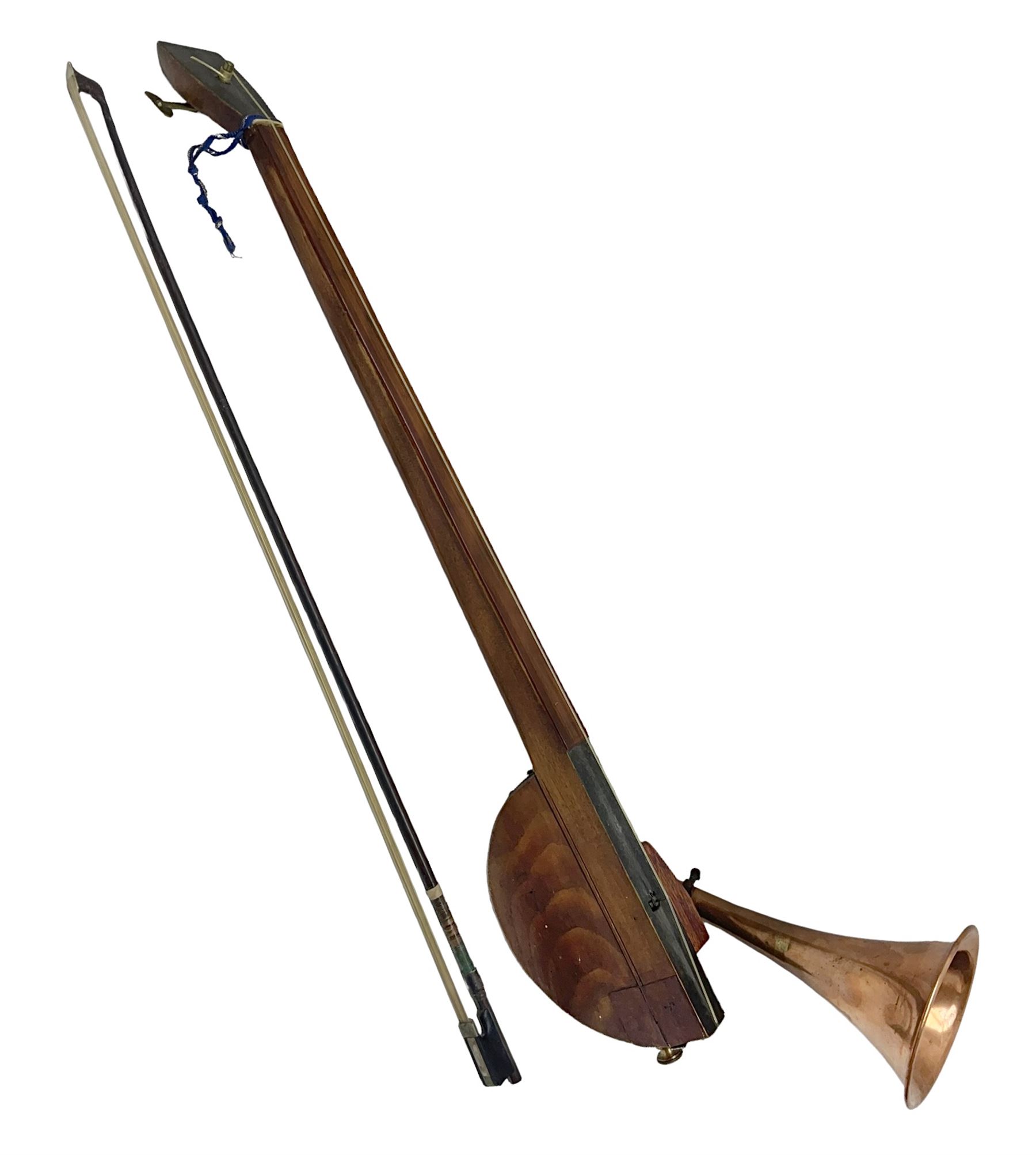 Fruitwood and elm single string phono fiddle with long neck and copper horn L76cm; and a violin bow (2)
