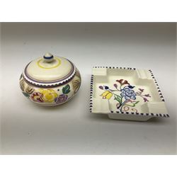 Collection of Poole pottery, comprising ceramic lamp in baluster form H31.5cm, ceramic lamp H14cm, squat circular bowl with cover and trinket tray, all with floral decoration, with two lamps. 