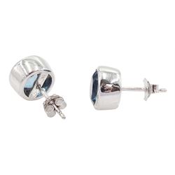 Pair of 9ct white gold round London blue topaz stud earrings, hallmarked, total topaz weight approx 3.10 carat