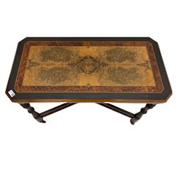 Late Victorian figured walnut and amboyna card-table, rectangular fold over top with baize lining, on turned supports joined by x framed balustrade stretchers