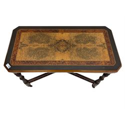Late Victorian figured walnut and amboyna card-table, rectangular fold over top with baize lining, on turned supports joined by x framed balustrade stretchers