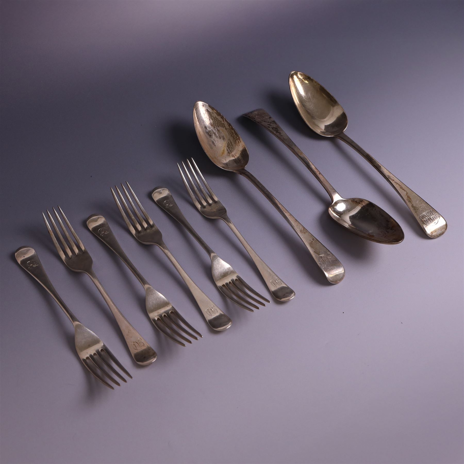 Three silver Old English pattern table spoons, including George III pair, and a set of six 1930s silver forks, all with engraved initials, all hallmarked
