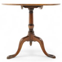 George III mahogany tripod table, circular single piece mahogany tilt-top, turned pedestal on three out-splayed supports 