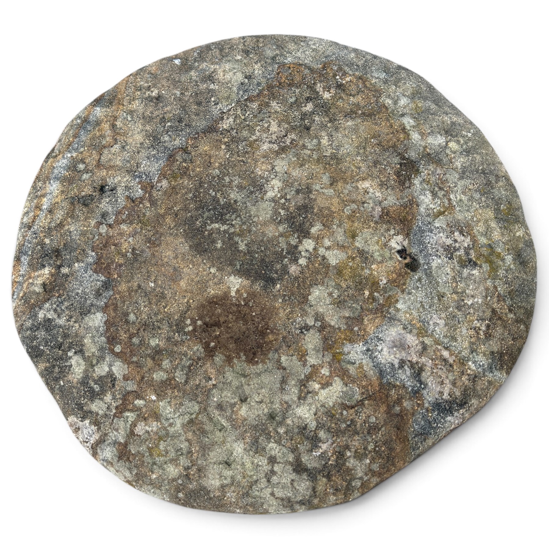 Pair of 19th century weathered hewn sandstone two-piece staddle stones, domed circular top over a tapering base