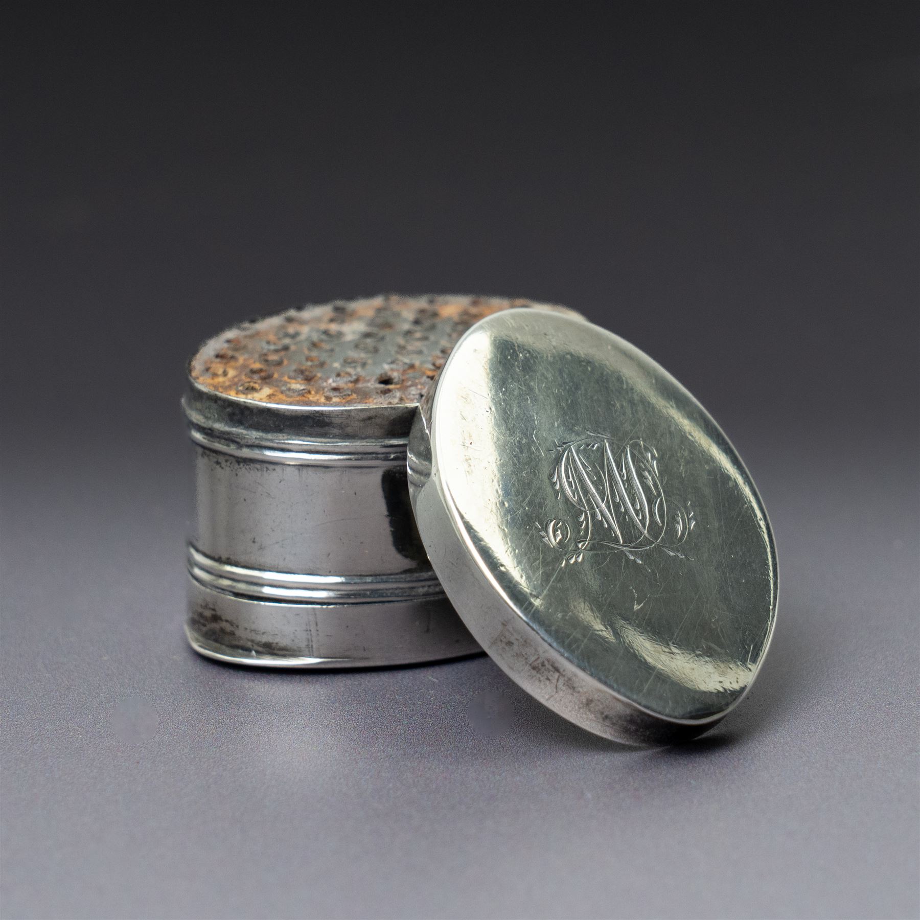 George III silver nutmeg grater of oval form engraved with a monogram Birmingham 1795 Maker Thomas Willmore