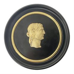 Grand Tour souvenir marble roundel depicting profile portrait of 'The Emperor Nero', mounted upon slate, within a circular ebonised frame, with hand written label verso, overall D17cm
