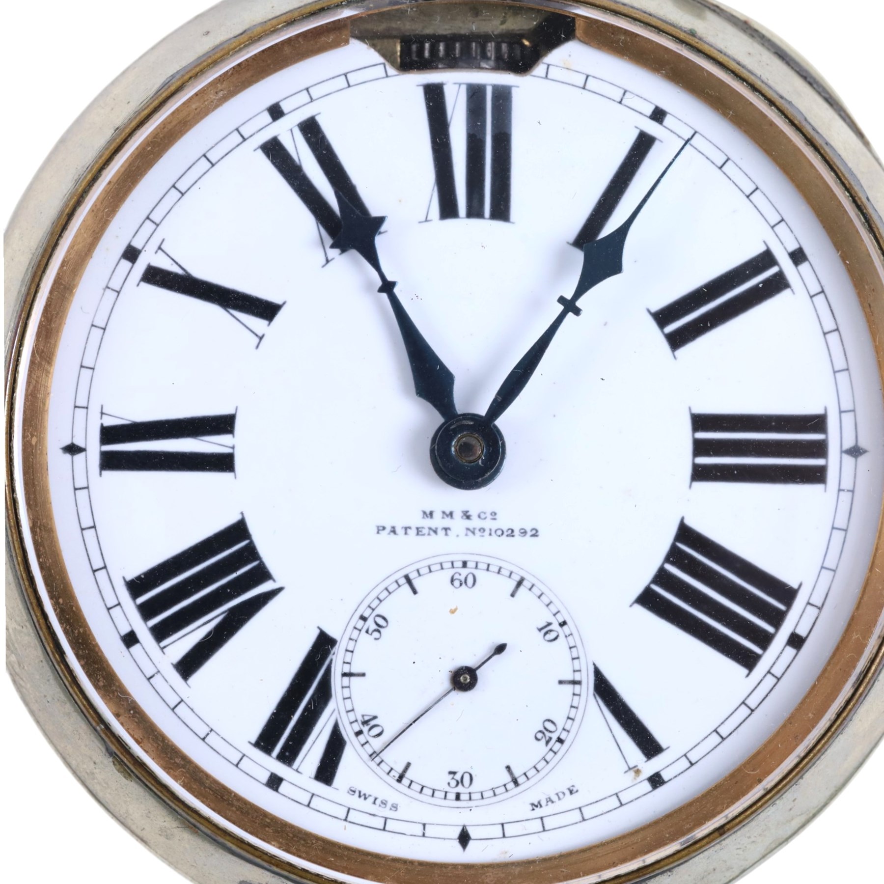 Early 20th century goliath keyless Swiss lever pocket watch by M M & Co, patent No. 10292, with light attachment, white enamel dial with Arabic numerals and subsidiary seconds dial, case No. 3202718