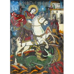 Romanian School (20th Century): St George Slaying the Dragon, reverse glass painting unsig...
