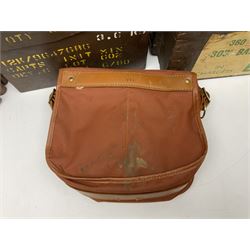 Miscellaneous shooting accessories - W.J. Bowman & Sons clay pigeon launcher; two leather cartridge belts; three cartridge bags; two canvas/leather game bags; and two metal/wooden cartridge boxes