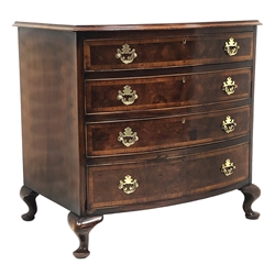  George l style crossbanded and figured walnut bow front chest, the four graduated cockbeaded drawers with brass handles and shaped escutcheons on cabriole feet, W76cm D55cm, H74cm   