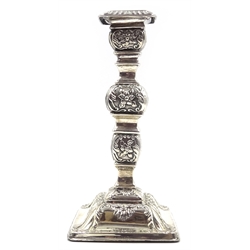 Victorian silver embossed candlestick by William Hutton & Sons Ltd, Birmingham 1899, filled H18cm  