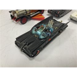 Corgi - five unboxed and playworn die-cast TV/Film related models including Chitty Chitty Bang Bang with all four figures, Batmobile with both figures, Green Hornet Black Beauty, James Bond Goldfinger Aston Martin DB5 with driver and villain and The Saint's Volvo P.1800 (5)
