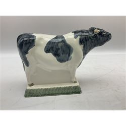 Six Rye Pottery figures, comprising, jumping fox, squirrel upon a branch, billy goat, bull, chicken and cockerel  