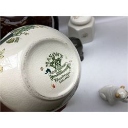 Beswick model of a seated bulldog, model no. 1872, Beswick Laurel & Hardy cruet set on stand, no. 575, Melba Ware animal figures to include large horse, hippo, rhino, USSR tiger cub figure, other ceramics to include Mason's lidded jar etc