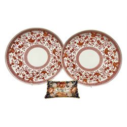 Two Victorian Royal Crown Derby Pembroke pattern plates, together with Royal Crown Derby rectangular trinket dish, no 2444, plates D23cm