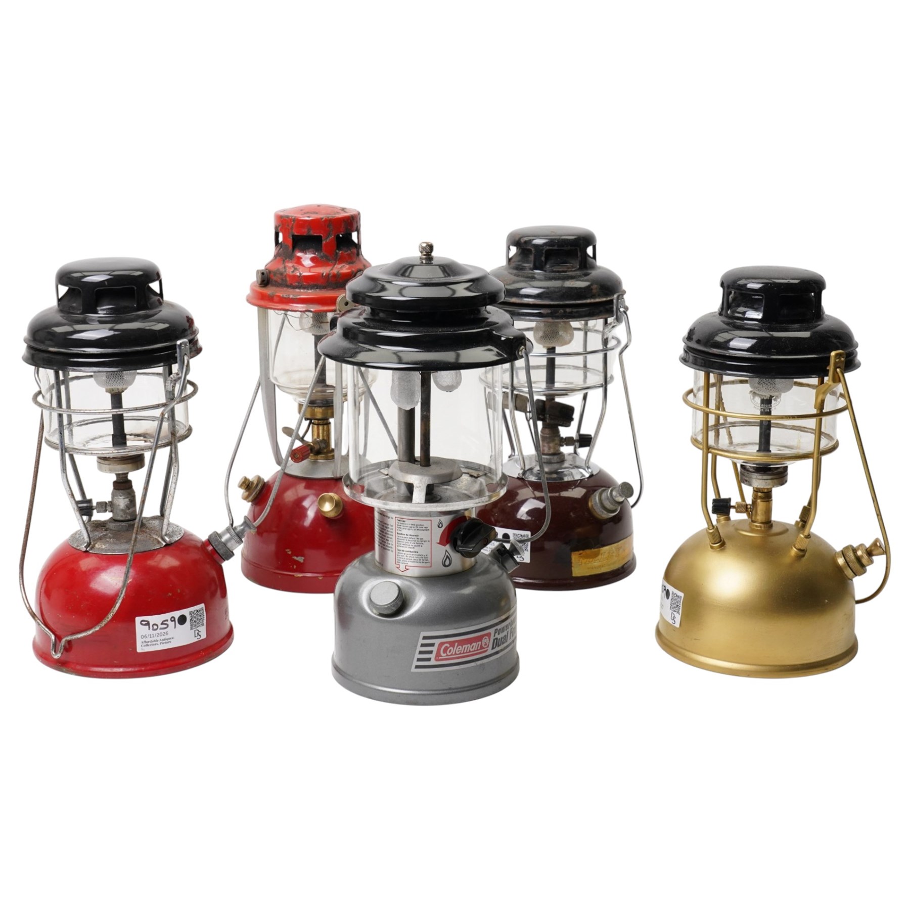 Bialaddin paraffin pressure lantern, Coleman Powerhouse pressure lantern and three Tilley pressure lanterns