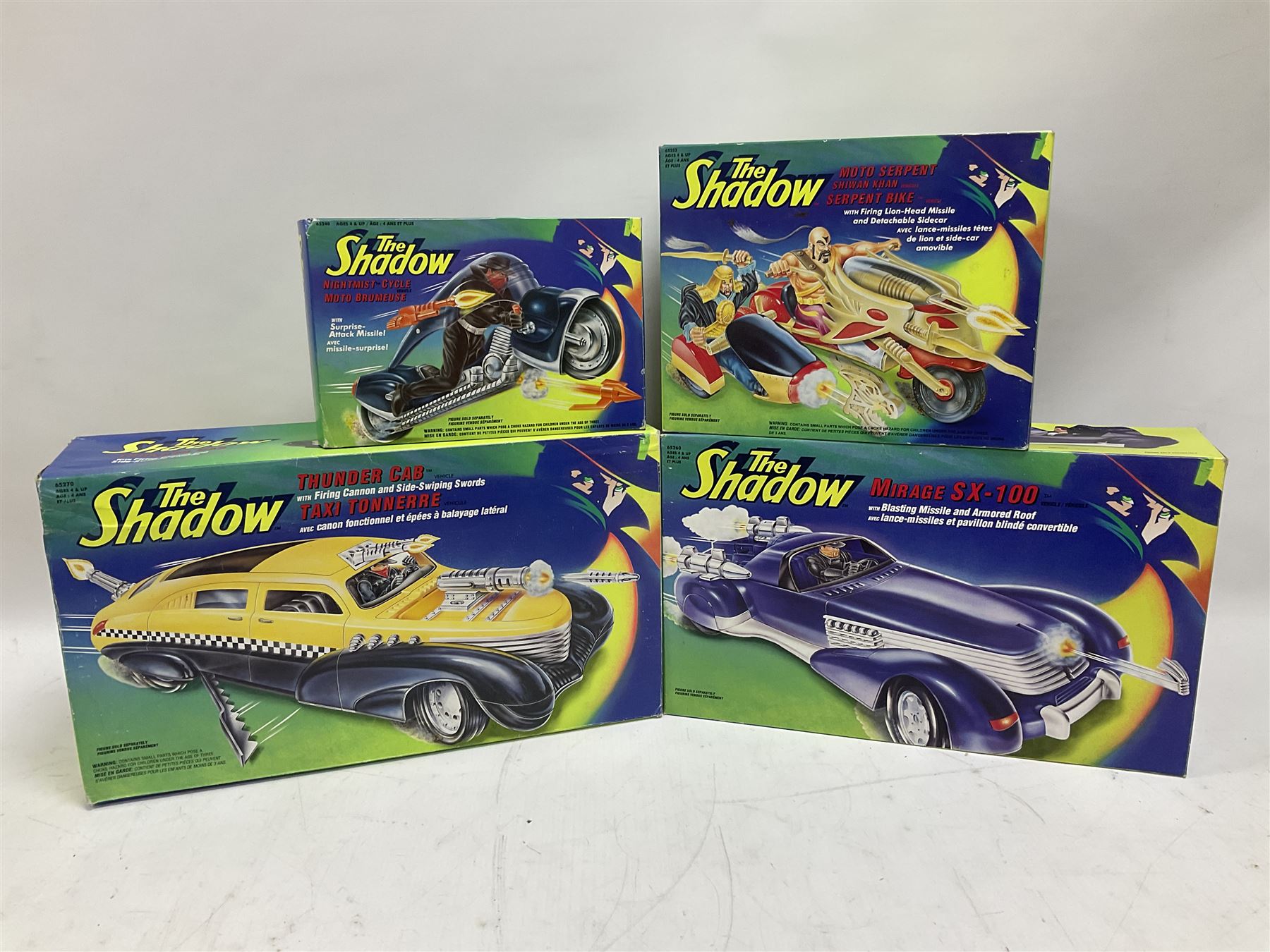 The Shadow - Kenner Thunder Cab; Mirage SX-100 car; Shiwan Khan Serpent Bike; and  Nightmist Cycle; all boxed; and eight Kenner unopened carded action figures (12)