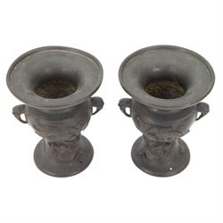 Pair of Japanese bronzed vases, decorated in relief with with birds and dragons, with dragon head handles, H13cm