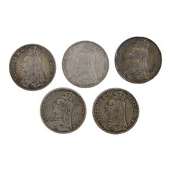 Five Queen Victoria silver one crown coins, 1889 (3) and 1892 (2)