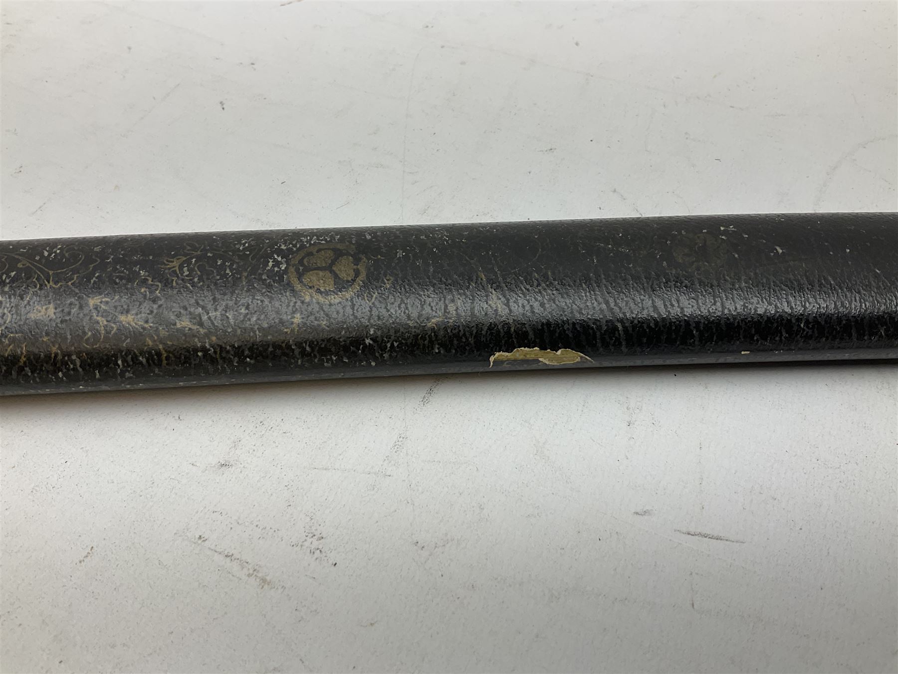 Three reproduction swords - Japanese katana and saya; Tai Chi sword with ornate scabbard; and dress sword with fullered triangular blade and horn handle (3)