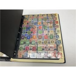 Queen Victoria and later stamps including imperf penny reds, King George V seahorses, some facsimile stamps, Queen Elizabeth II used postage stamps etc, housed in a green ring binder folder 