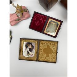 Victorian portrait photograph in red velvet lined case with gilt mount, together with another similar, quantity of silk cards, Yashica minister camera in case, telescope in case, Corgi The Muppets Miss Piggy die cast model car, turned camphor wood vase etc