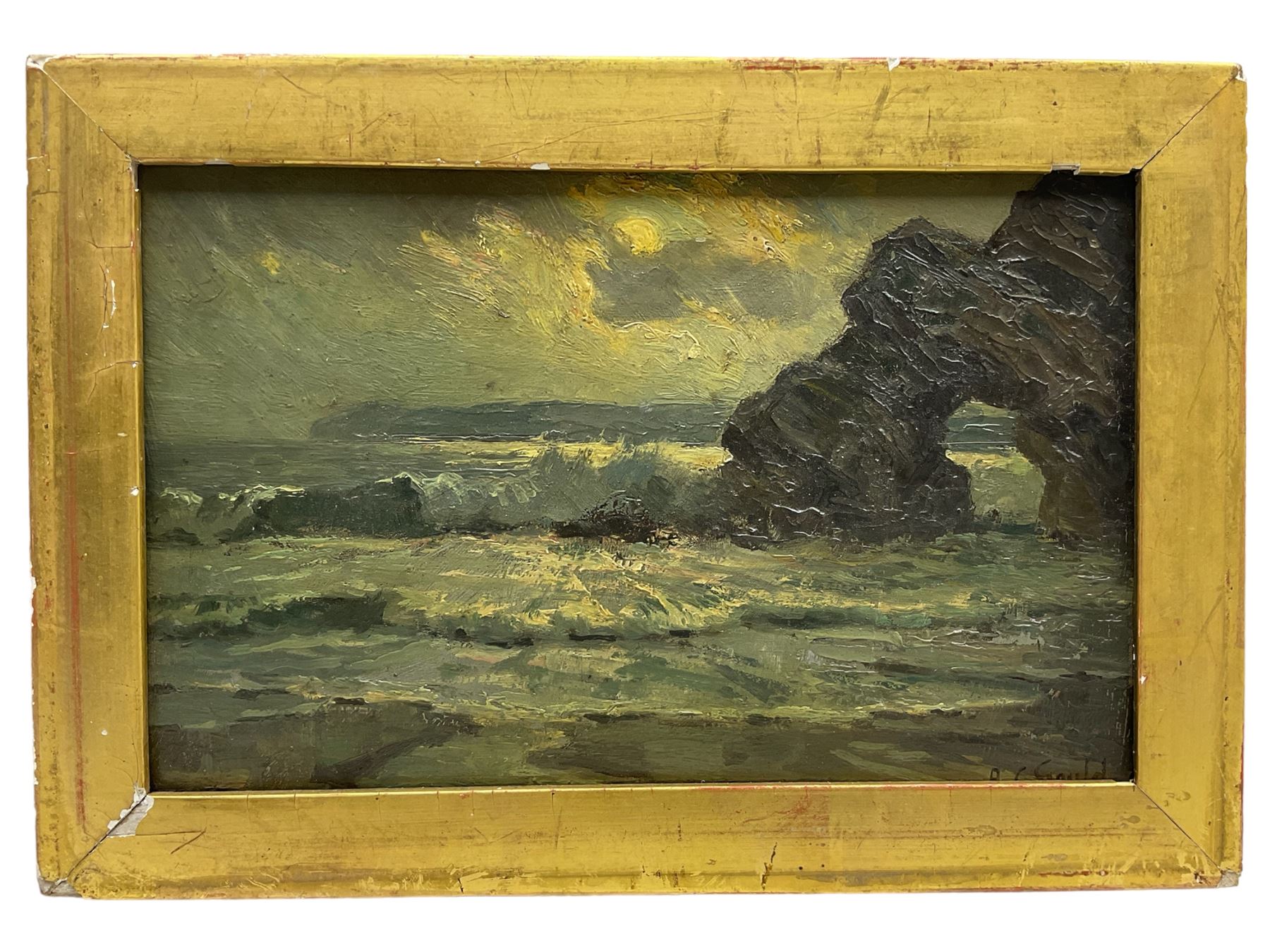 Alexander Carruthers Gould RBA (British 1870-1948): 'Moonlight on the Cornish Coast', oil on panel signed, original title label verso 14cm x 22cm