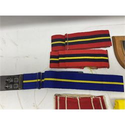 Miscellaneous militaria including two Royal Artillery and one Royal Horse Artillery stable belts; Northamptonshire Regiment trench art brass shell case lighter; unused Matchless Fire-Set; pocket knives and multi-tool; lanyards; oak shield with York & Lancaster crest etc