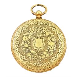 19th century 18ct gold open face key wound cylinder pocket watch by Baume, Geneve, gilt dial with Roman numeral hour markers, back case with engraved foliate decoration, stamped 18K