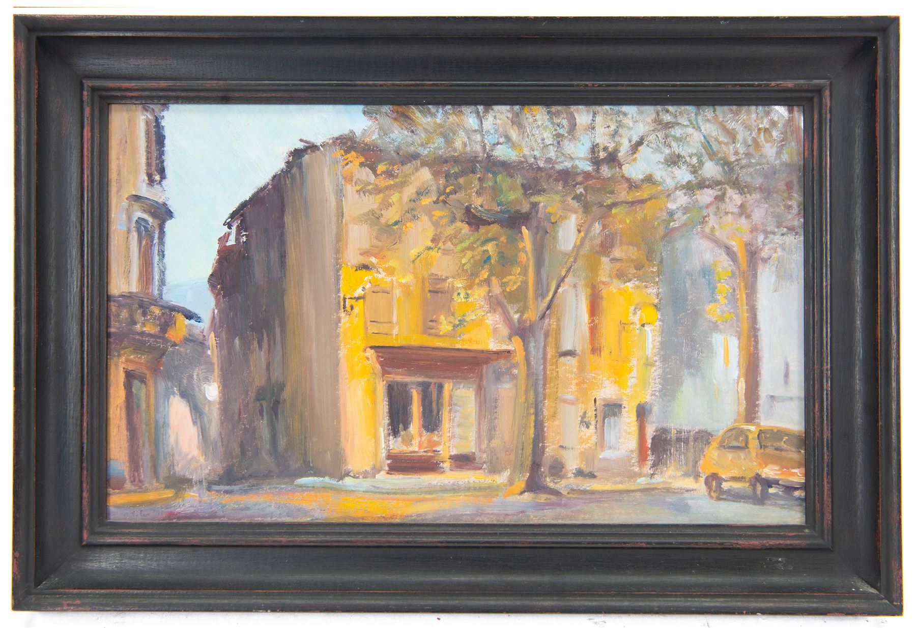 Catherine Tyler (British 1949-): 'Place La Republic - Quillan - Pays de Laude' oil on board signed and dated '91, inscribed on artist's label verso 27cm x 45cm