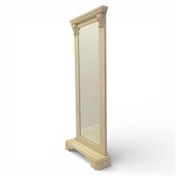 Contemporary French design white painted bedroom suite retailed by Barkers of Northallerton, comprising wide chest fitted with four short and four long drawers with oval brass handles (H 70cm, W 159cm, D 46cm), pair of bedside chests each fitted with three drawers (H 62cm, W 40cm, D 46cm), dressing table fitted with four short drawers and central kneehole with shaped apron (H 79cm, W 131cm, D 46cm) with matching framed wall mounted mirror (H 100cm, W 113cm), and full length standing mirror (H 175cm, W 73cm)