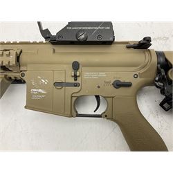 Combat Machine lithium battery powered airsoft BB rifle, 'Complete AEG Series' to fire 5mm pellets, with adjustable length stock L69cm non-extended; with six magazines, Trijicon ACOG red dot telescopic sight, battery charger etc (NO BATTERIES)