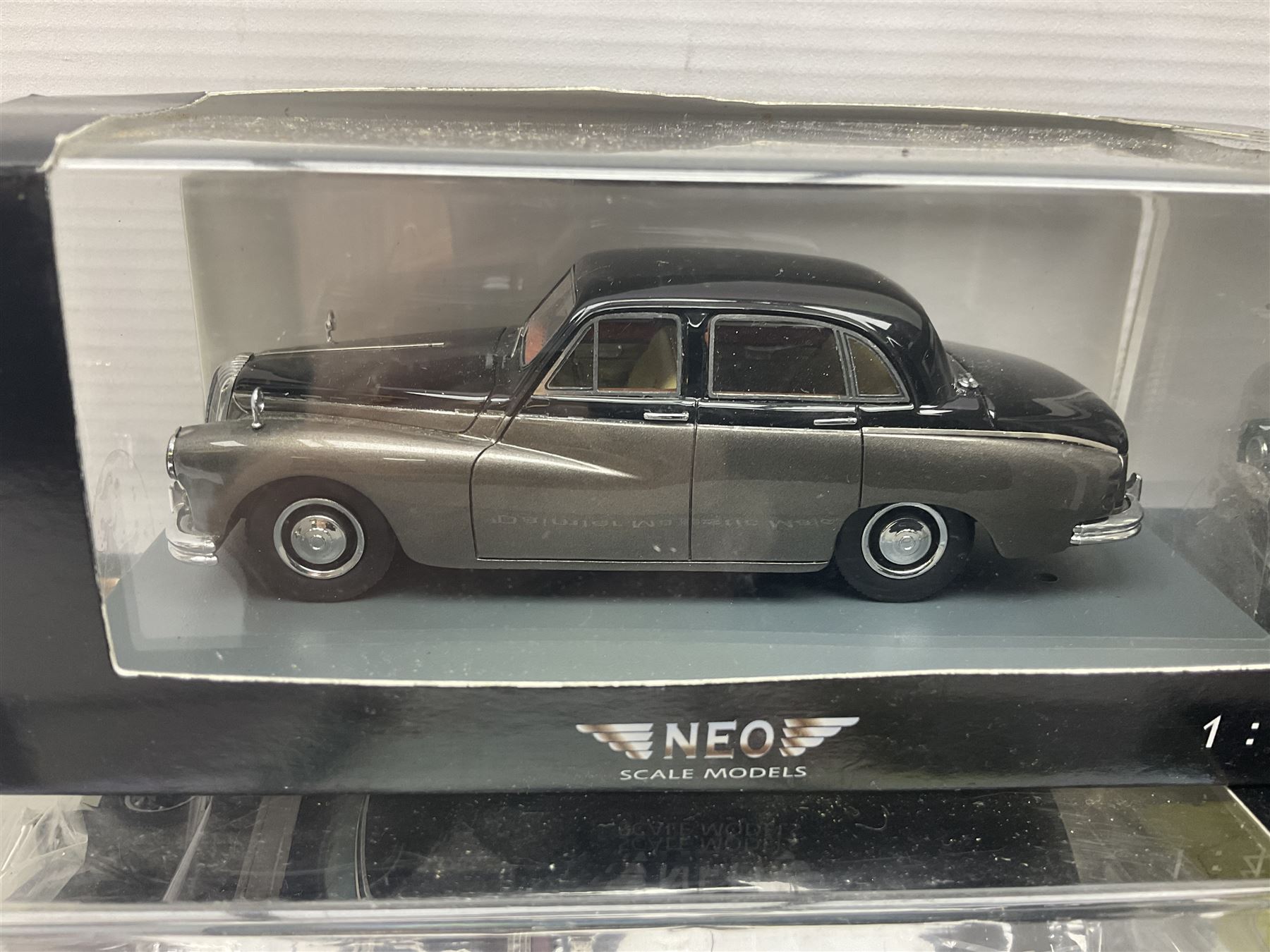 Nine Neo Scale Models 1:43 scale die-cast models including Daimler Majestic major, S&S Landau Hearse, Lagonda 3-litre 1955, Rover P4 Seventy-five, Jaguar 420Rover P5b Coupe etc; some boxed (9)