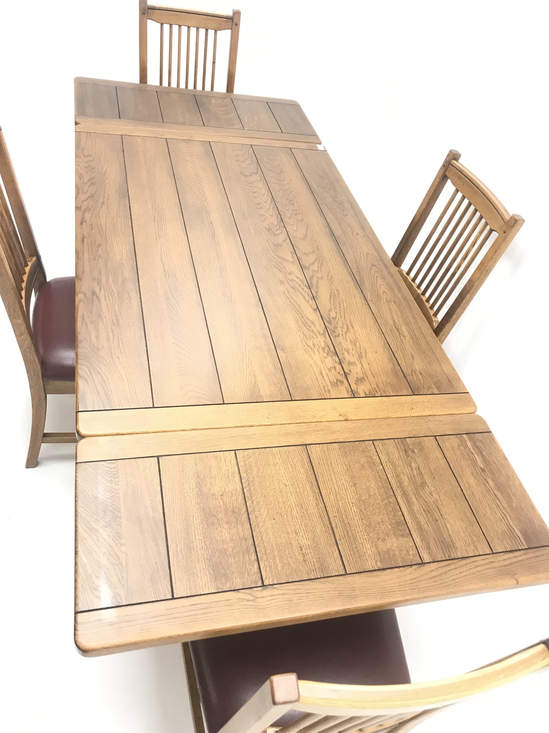  Sherry Furniture - light oak drawer leaf extending table (90cm x 134cm (closed) - 212cm (extended) H76cm) and set four dining chairs with leather upholstered seat  