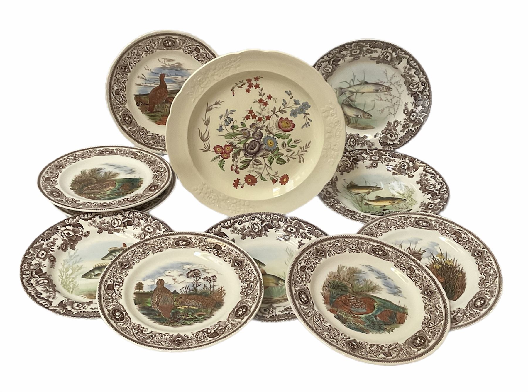 Set of four Spode Woodland Stream plates comprising Perch, Rudd, Trout and Salmon, Copeland Spode Royal Jasmine plate, and set of six Mason’s Game Birds plates