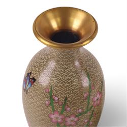 Pair of Cloisonné vases decorated with cherry blossom and peonies, upon a carved hardstone wooden base, H24cm 