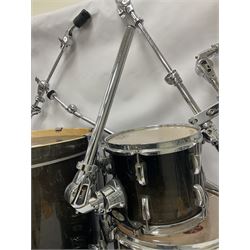 Pearl Vision SST Birch Ply shell four-piece drum kit in black comprising bass drum with foot pedal and three graduated toms; together with Pearl Custom Alloy Sensitone steel snare drum, drum and cymbal stands, microphone stand, stool and various drum sticks 