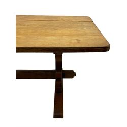 Gnomeman - large oak refectory dining table, rectangular adzed top on shaped end supports with sledge feet, united by pegged stretcher, carved with gnome signature, by Thomas Whittaker, Little Beck