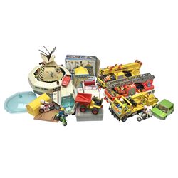 Collection of 1980s/90s Playmobil - vehicles including Fire-Engine No.21, Mobil Crane No.28, Quick Service Truck No.1 with trailer, Dumper Truck, GSL Sports car, GS Turbo car and three motorcycles; together with boxed Knights Tournament Set, Playmospace Space Station and Shuttle, wigwam and various accessories and figures etc