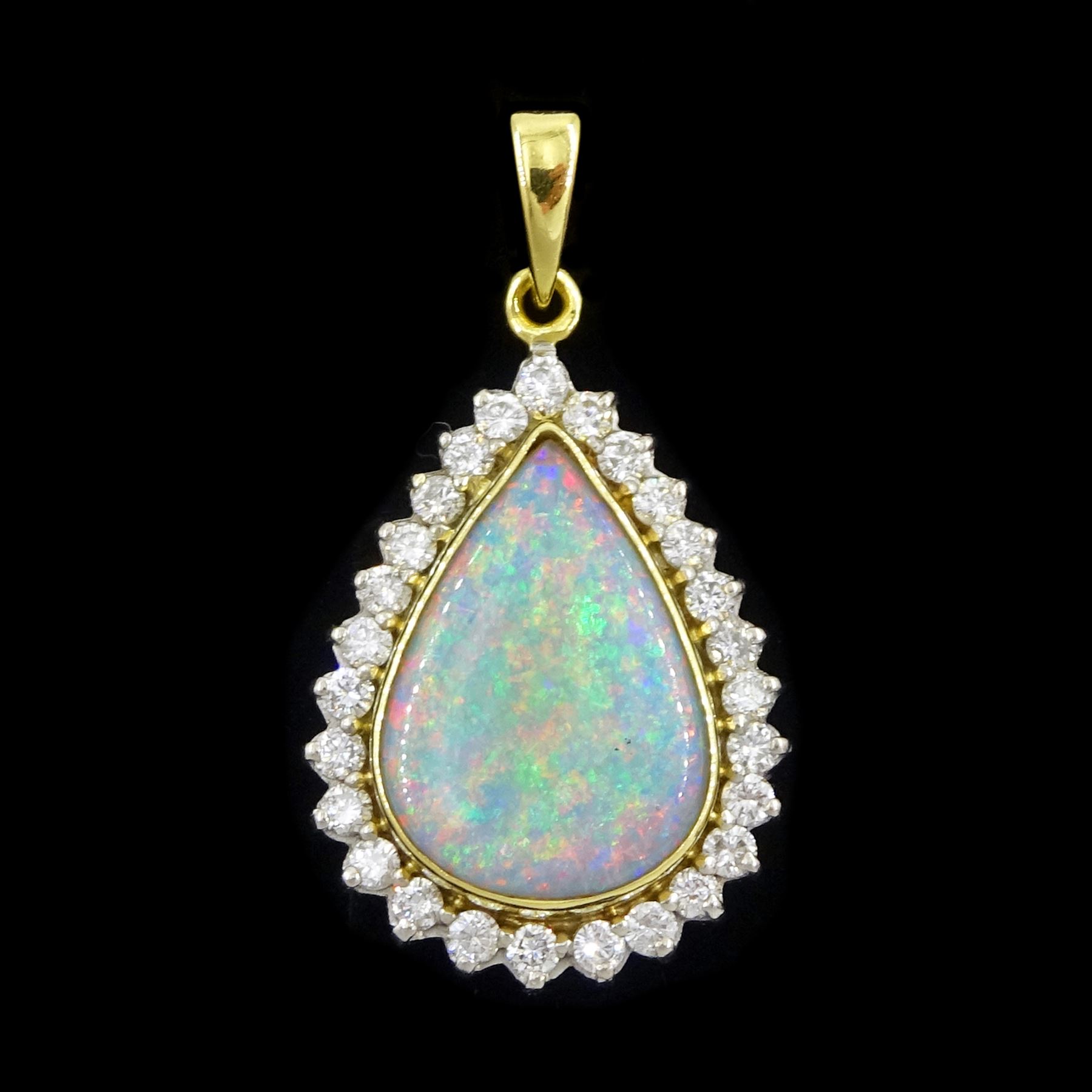 18ct gold pear cut opal and round brilliant cut diamond pendant, Sheffield 1992, opal approx 3.00 carat, total diamond weight approx 0.80 carat